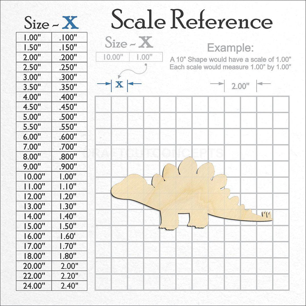 A scale and graph image showing a wood Dinosaur Baby Stegosaurus craft blank