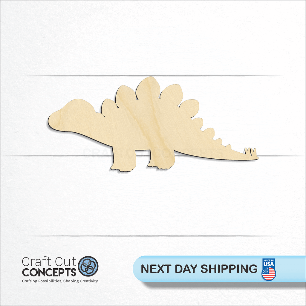 Craft Cut Concepts logo and next day shipping banner with an unfinished wood Dinosaur Baby Stegosaurus craft shape and blank