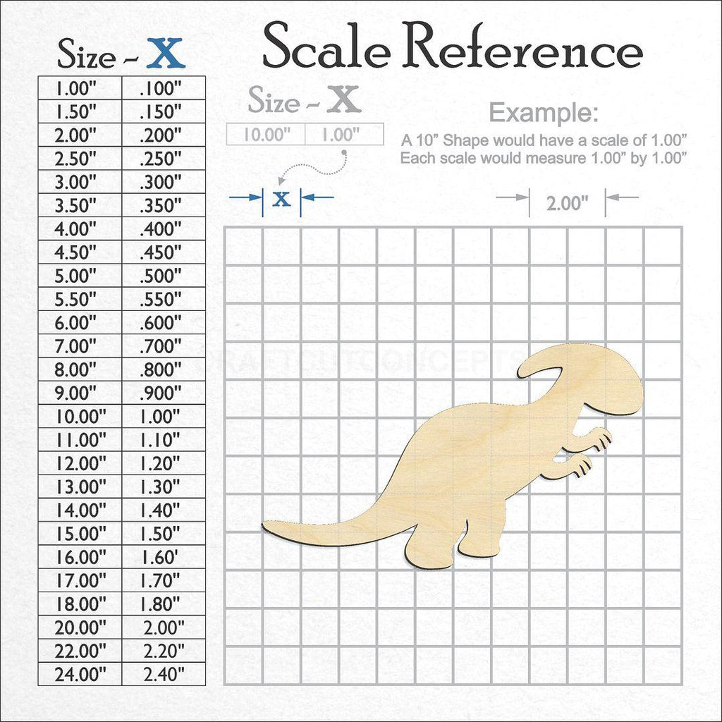 A scale and graph image showing a wood Dinosaur Baby Parasaurolophus craft blank