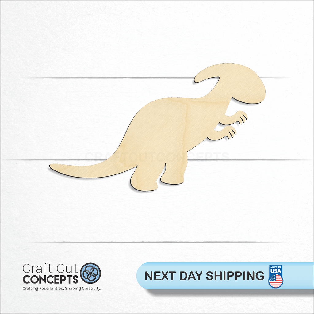 Craft Cut Concepts logo and next day shipping banner with an unfinished wood Dinosaur Baby Parasaurolophus craft shape and blank