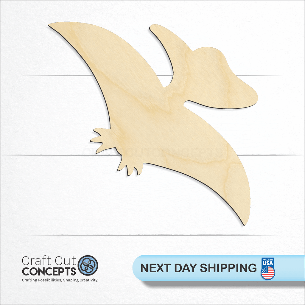 Craft Cut Concepts logo and next day shipping banner with an unfinished wood Dinosaur Baby Pterodactyl craft shape and blank