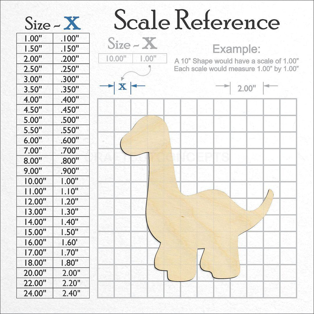 A scale and graph image showing a wood Dinosaur Baby Brontosaurus craft blank