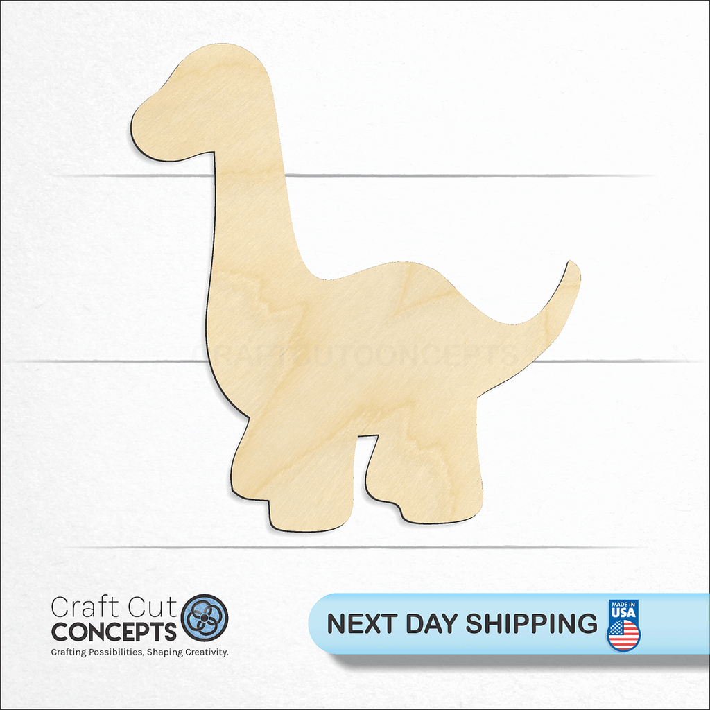 Craft Cut Concepts logo and next day shipping banner with an unfinished wood Dinosaur Baby Brontosaurus craft shape and blank