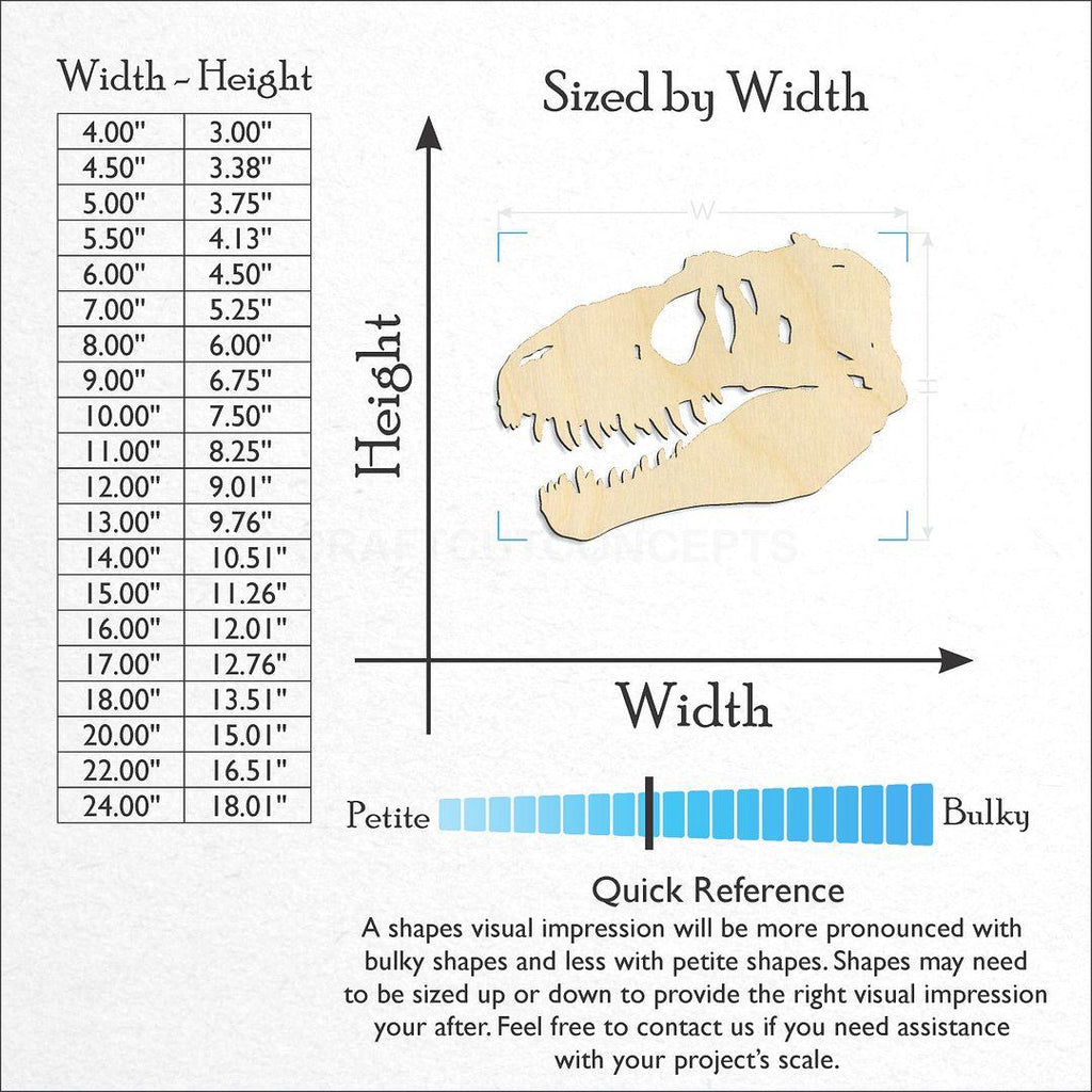 Sizes available for a laser cut Trex Skull craft blank