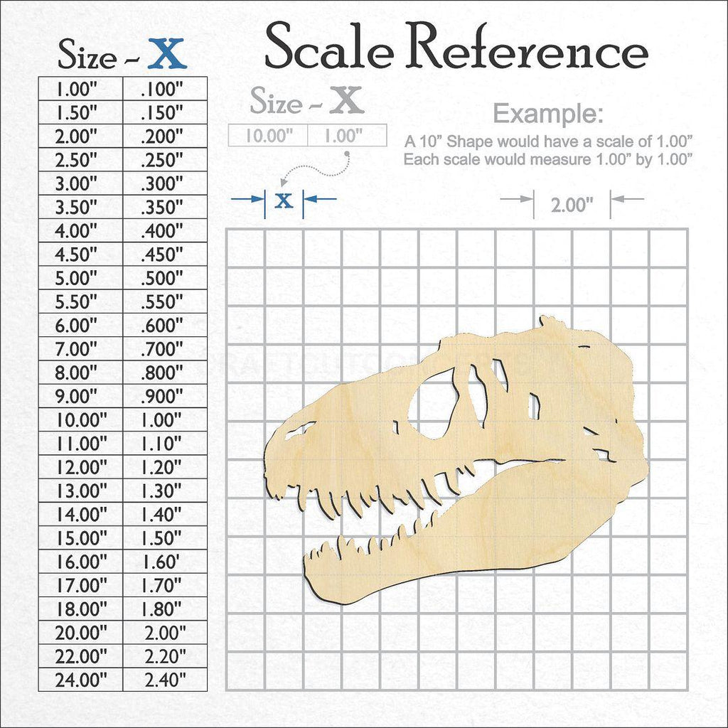 A scale and graph image showing a wood Trex Skull craft blank