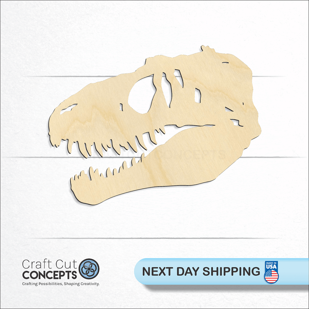 Craft Cut Concepts logo and next day shipping banner with an unfinished wood Trex Skull craft shape and blank