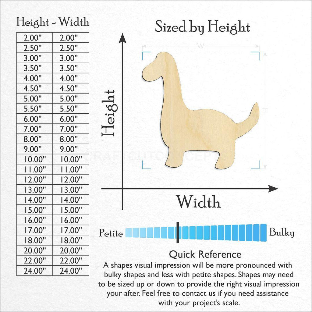 Sizes available for a laser cut Cute Brontosaurus craft blank