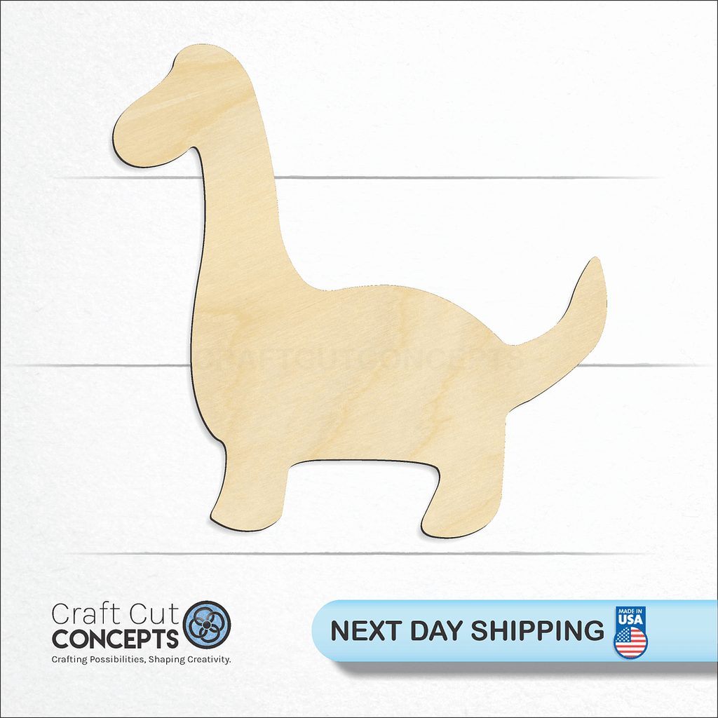 Craft Cut Concepts logo and next day shipping banner with an unfinished wood Cute Brontosaurus craft shape and blank