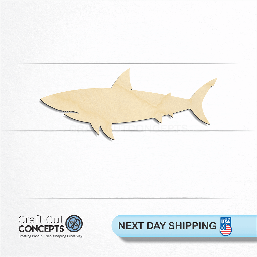 Craft Cut Concepts logo and next day shipping banner with an unfinished wood Shark -2 craft shape and blank