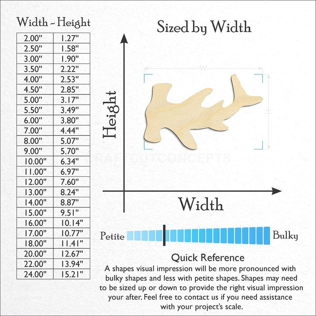 Sizes available for a laser cut Shark -3 craft blank