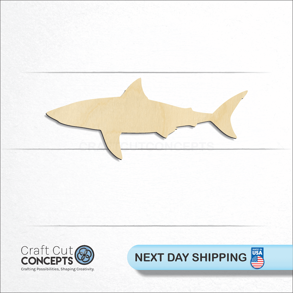 Craft Cut Concepts logo and next day shipping banner with an unfinished wood Shark -4 craft shape and blank