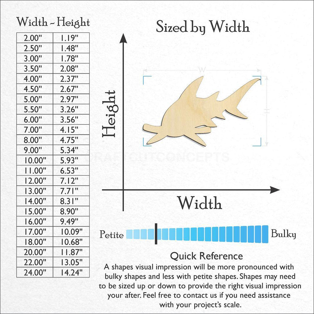 Sizes available for a laser cut Shark -6 craft blank