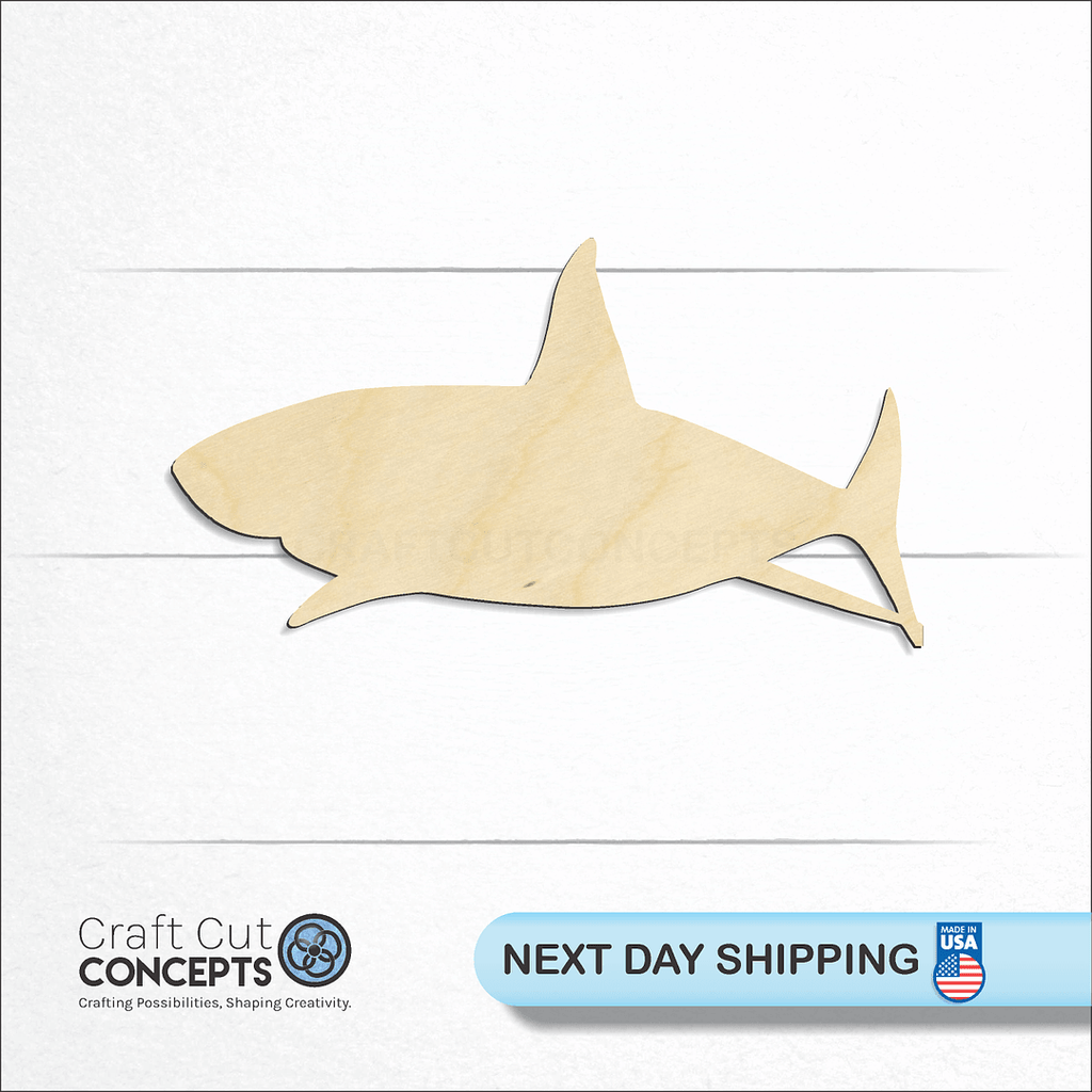 Craft Cut Concepts logo and next day shipping banner with an unfinished wood Shark -7 craft shape and blank