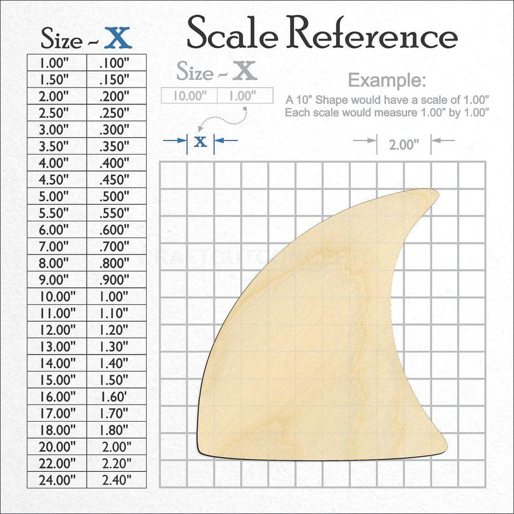 A scale and graph image showing a wood Shark Fin craft blank