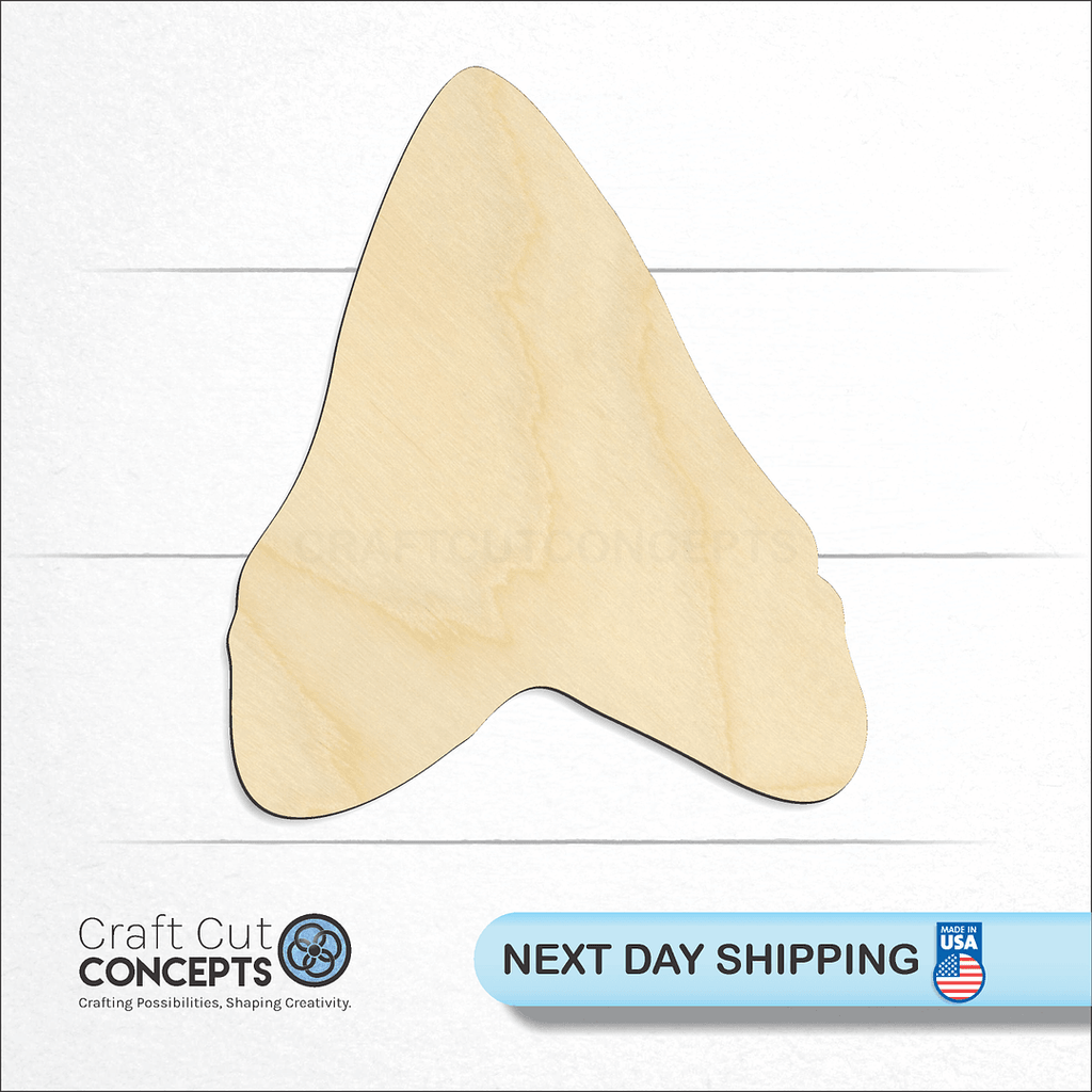 Craft Cut Concepts logo and next day shipping banner with an unfinished wood Shark Tooth craft shape and blank