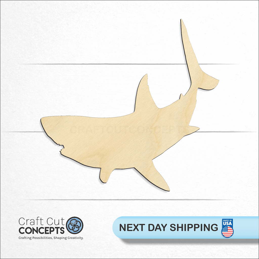 Craft Cut Concepts logo and next day shipping banner with an unfinished wood Shark-7 craft shape and blank