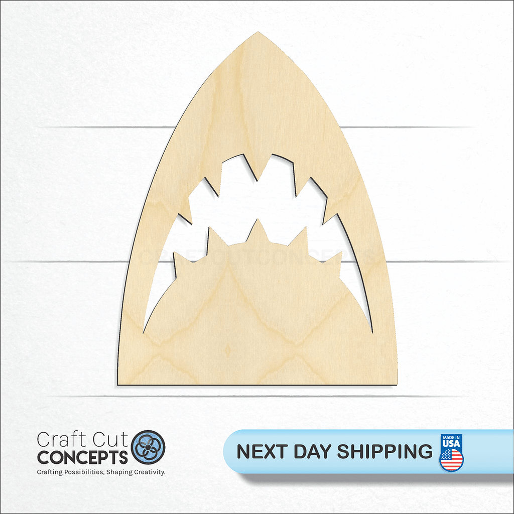 Craft Cut Concepts logo and next day shipping banner with an unfinished wood Shark Teeth Surf craft shape and blank