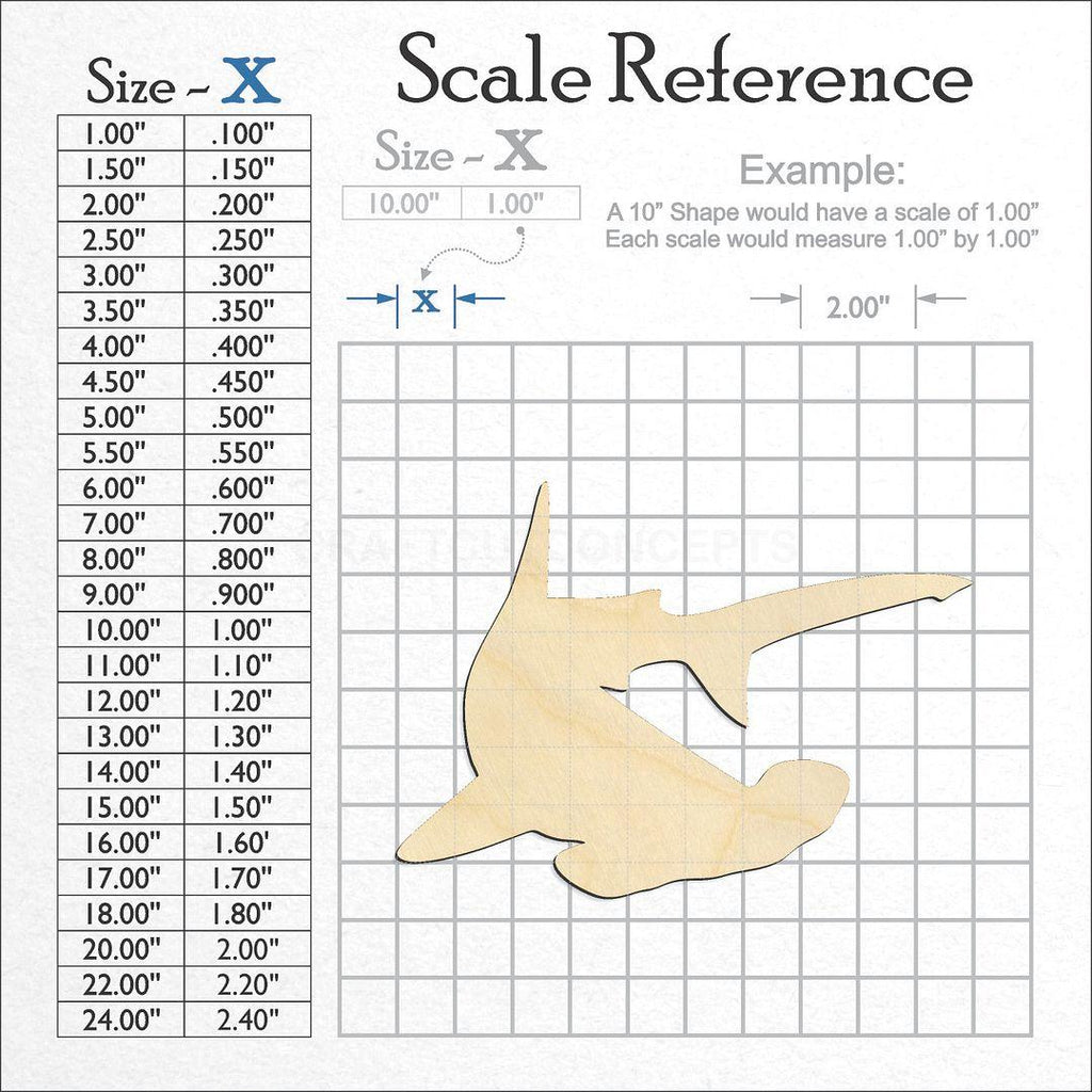 A scale and graph image showing a wood Hammerhead Shark craft blank