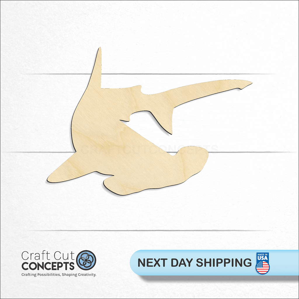 Craft Cut Concepts logo and next day shipping banner with an unfinished wood Hammerhead Shark craft shape and blank