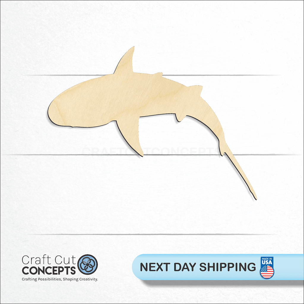 Craft Cut Concepts logo and next day shipping banner with an unfinished wood Top Down Shark craft shape and blank