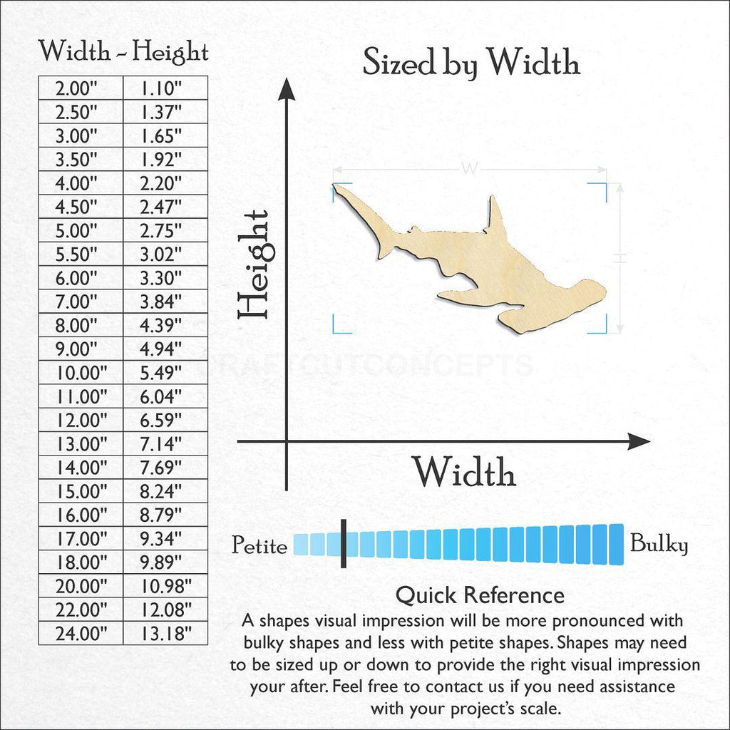 Sizes available for a laser cut Hammerhead Shark craft blank