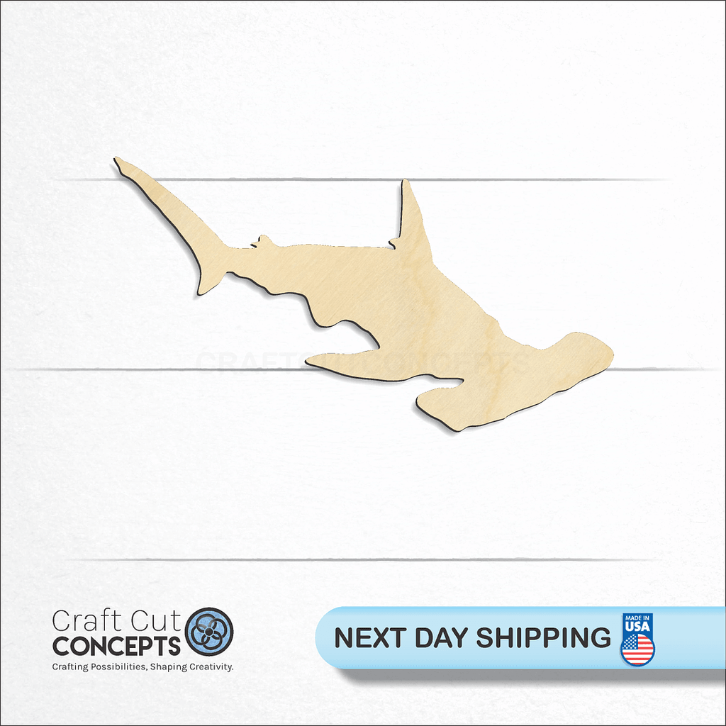 Craft Cut Concepts logo and next day shipping banner with an unfinished wood Hammerhead Shark craft shape and blank