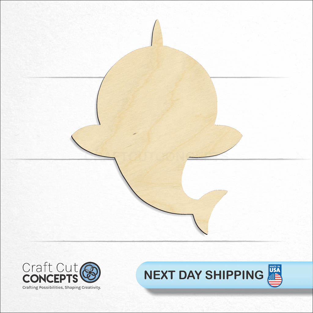 Craft Cut Concepts logo and next day shipping banner with an unfinished wood Baby Shark craft shape and blank