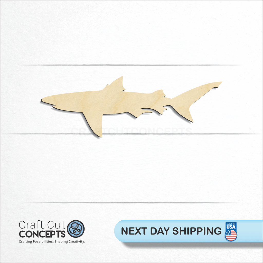 Craft Cut Concepts logo and next day shipping banner with an unfinished wood Shark craft shape and blank