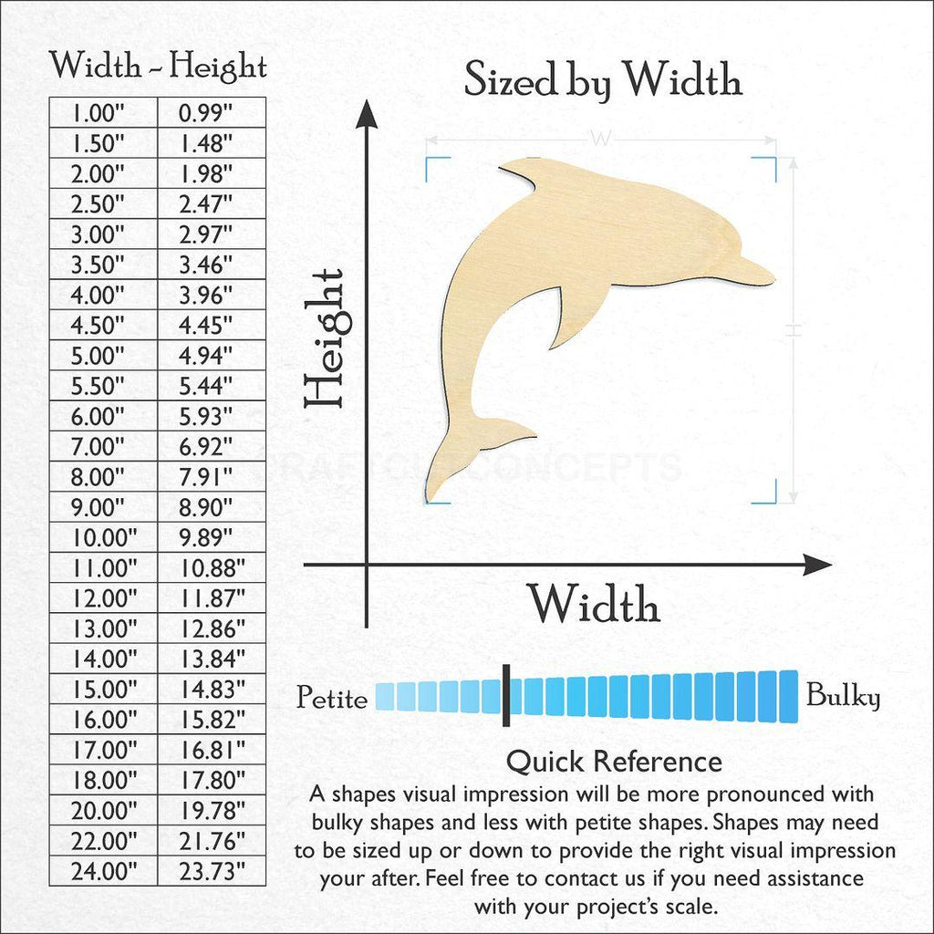 Sizes available for a laser cut Dolphin -2 craft blank