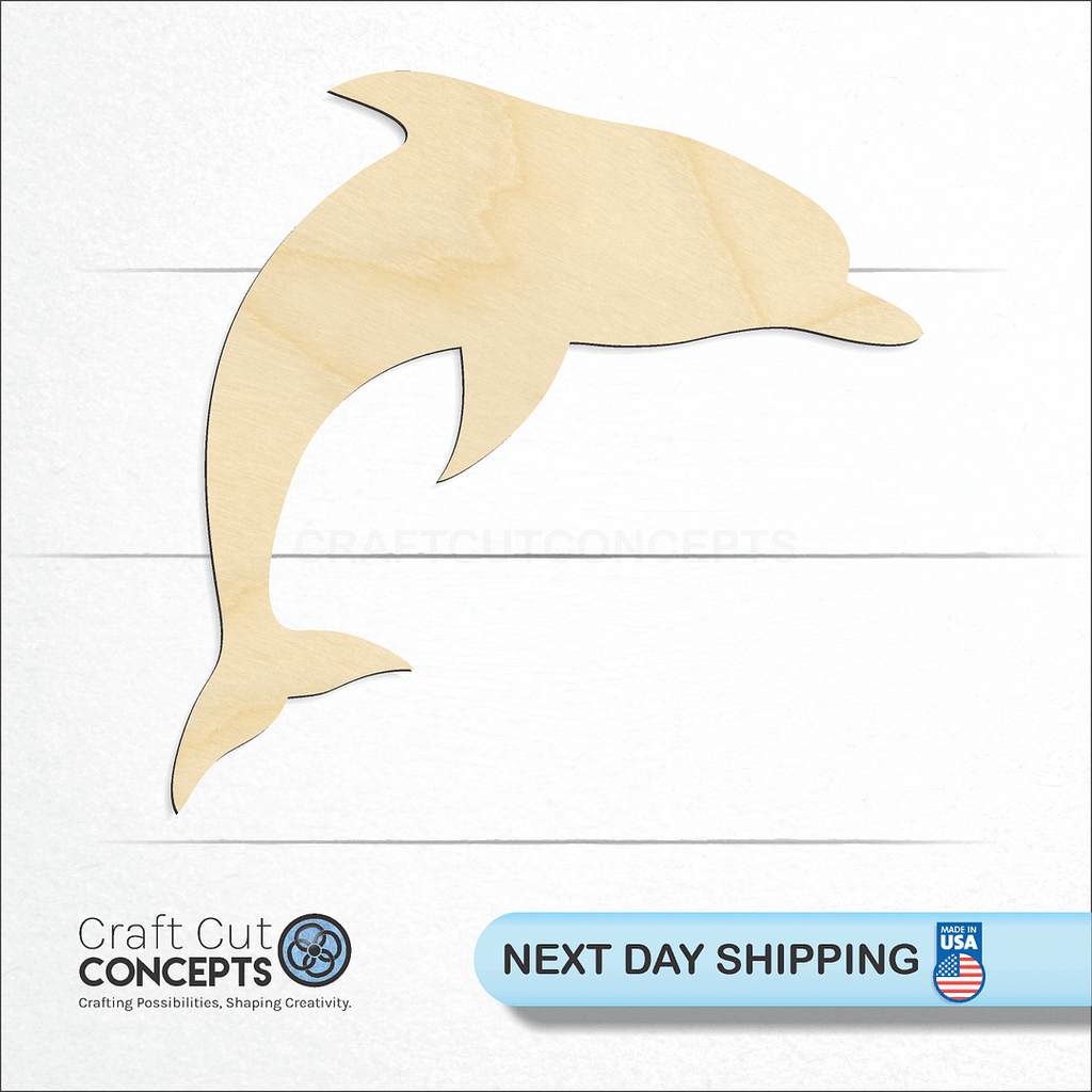 Craft Cut Concepts logo and next day shipping banner with an unfinished wood Dolphin -2 craft shape and blank