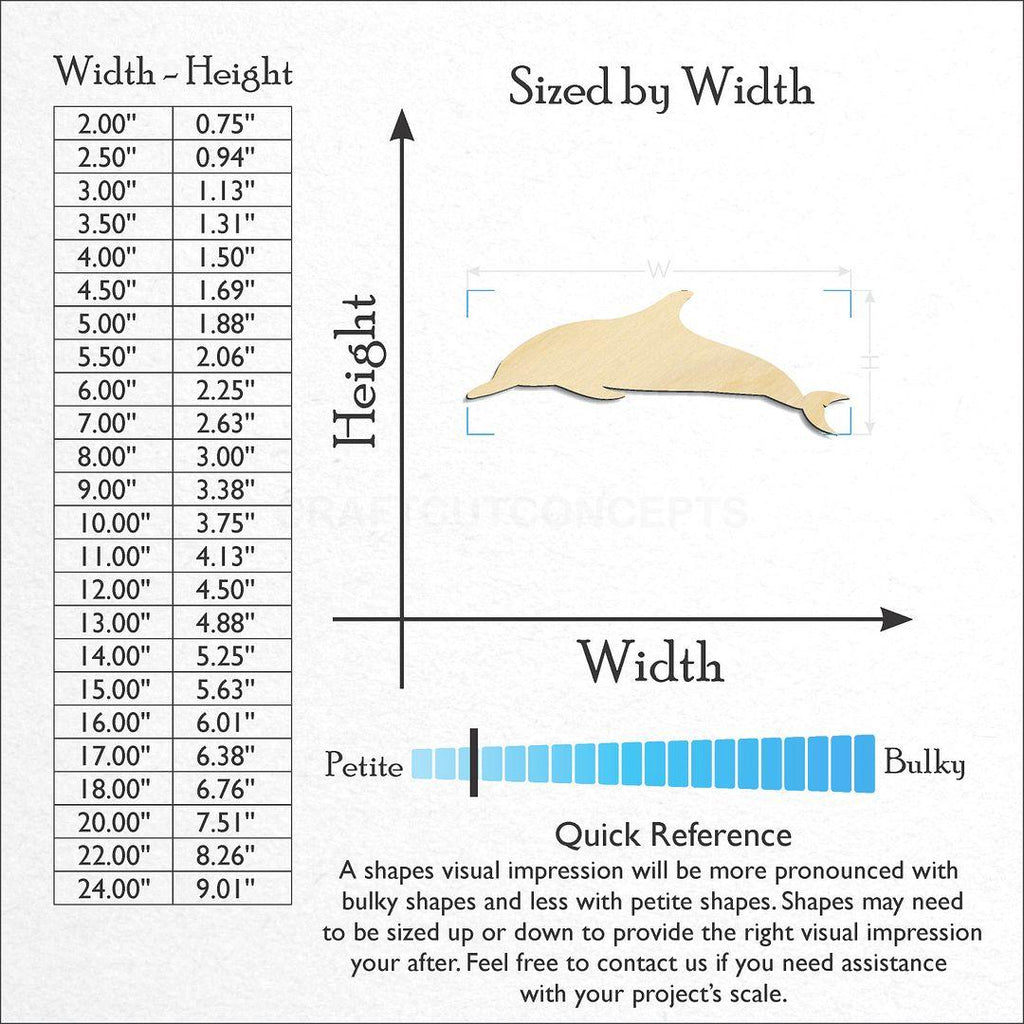 Sizes available for a laser cut Dolphin -3 craft blank