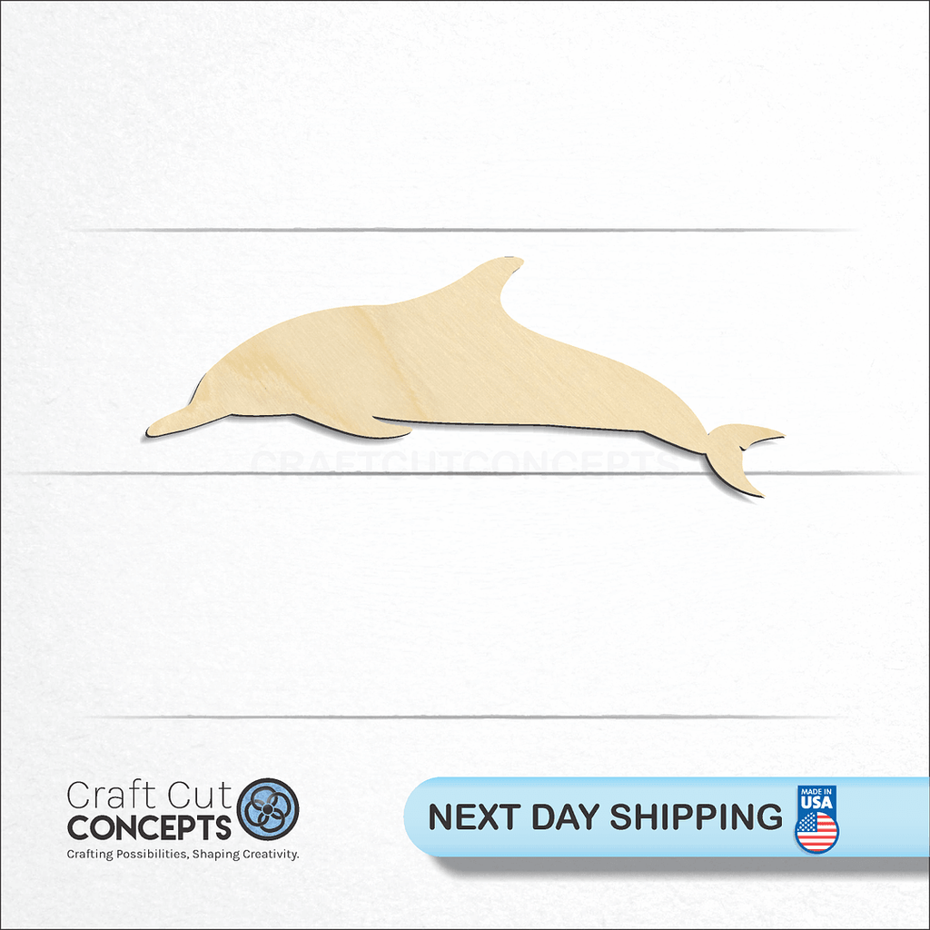 Craft Cut Concepts logo and next day shipping banner with an unfinished wood Dolphin -3 craft shape and blank