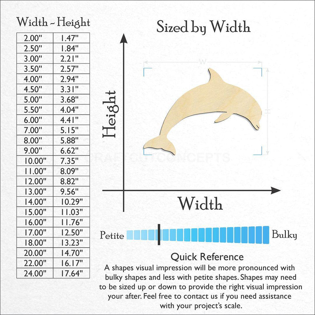 Sizes available for a laser cut Dolphin -4 craft blank