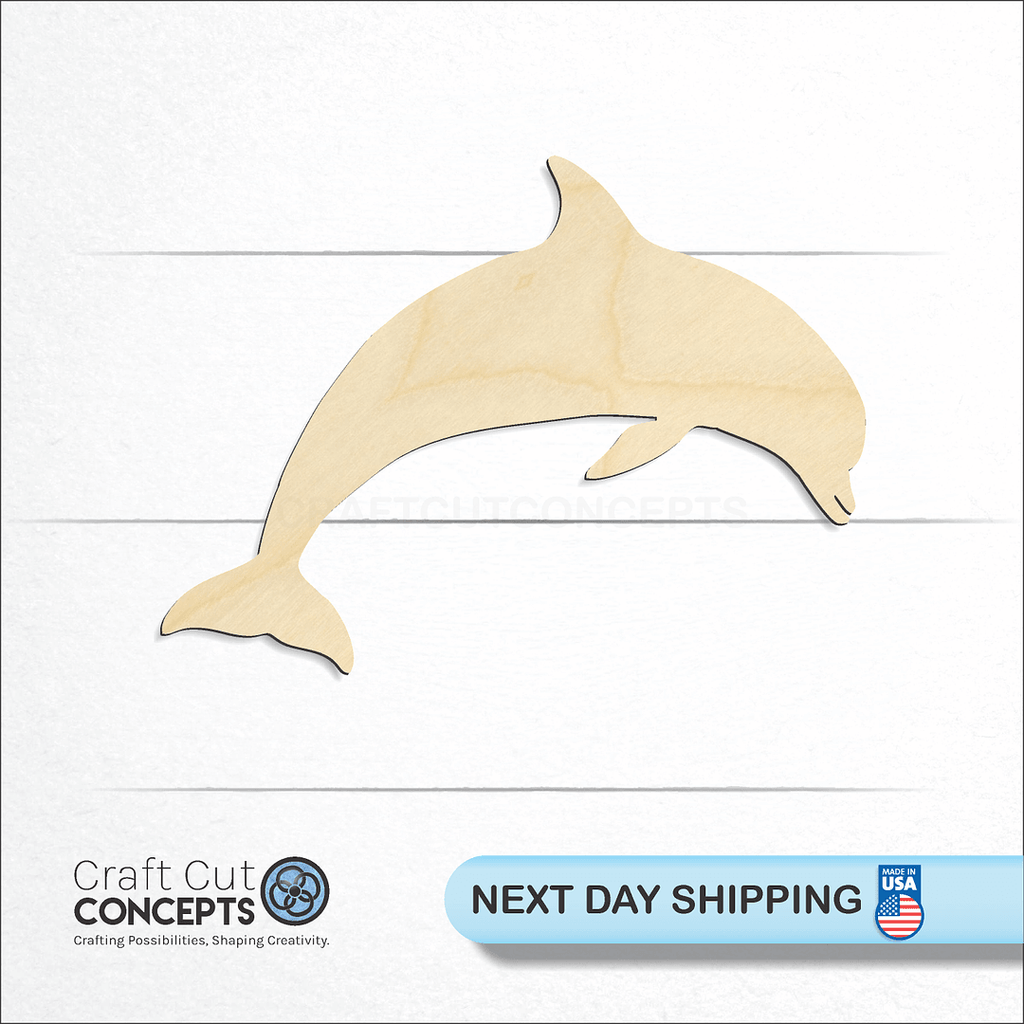 Craft Cut Concepts logo and next day shipping banner with an unfinished wood Dolphin -4 craft shape and blank