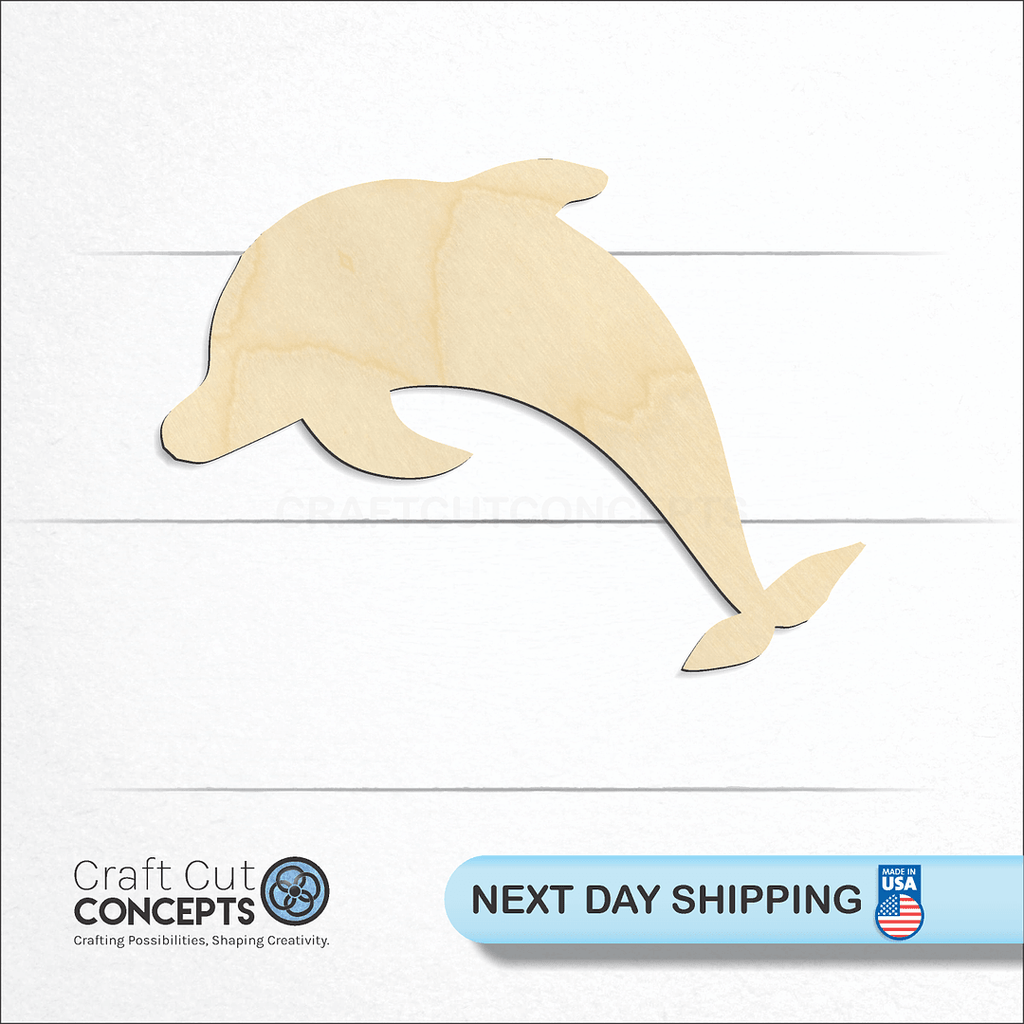 Craft Cut Concepts logo and next day shipping banner with an unfinished wood Dolphin craft shape and blank