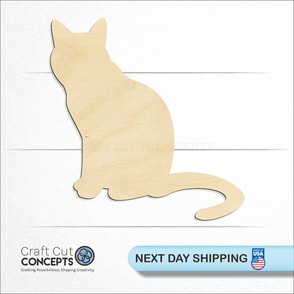 Craft Cut Concepts logo and next day shipping banner with an unfinished wood Cat -5 craft shape and blank