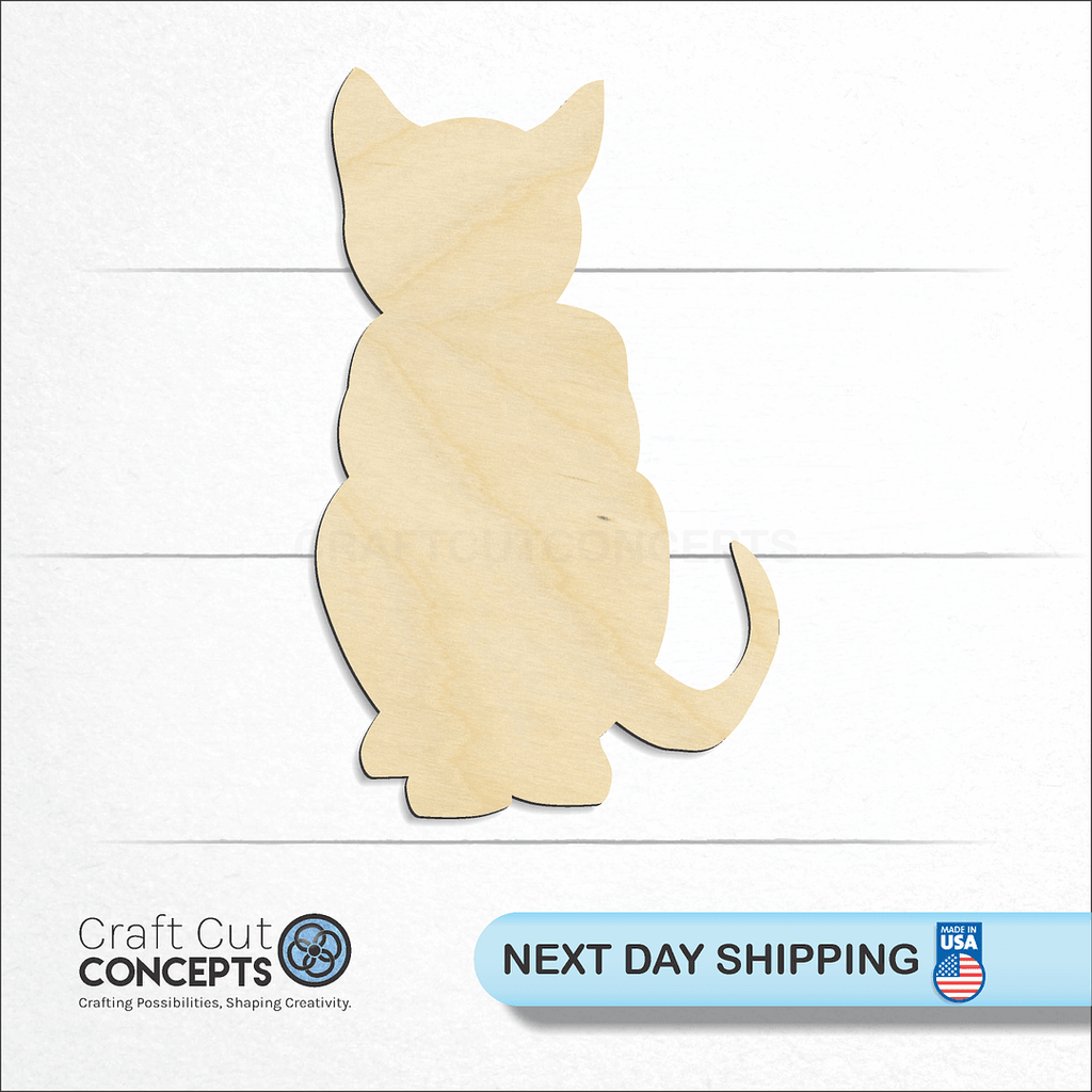 Craft Cut Concepts logo and next day shipping banner with an unfinished wood Cat -6 craft shape and blank