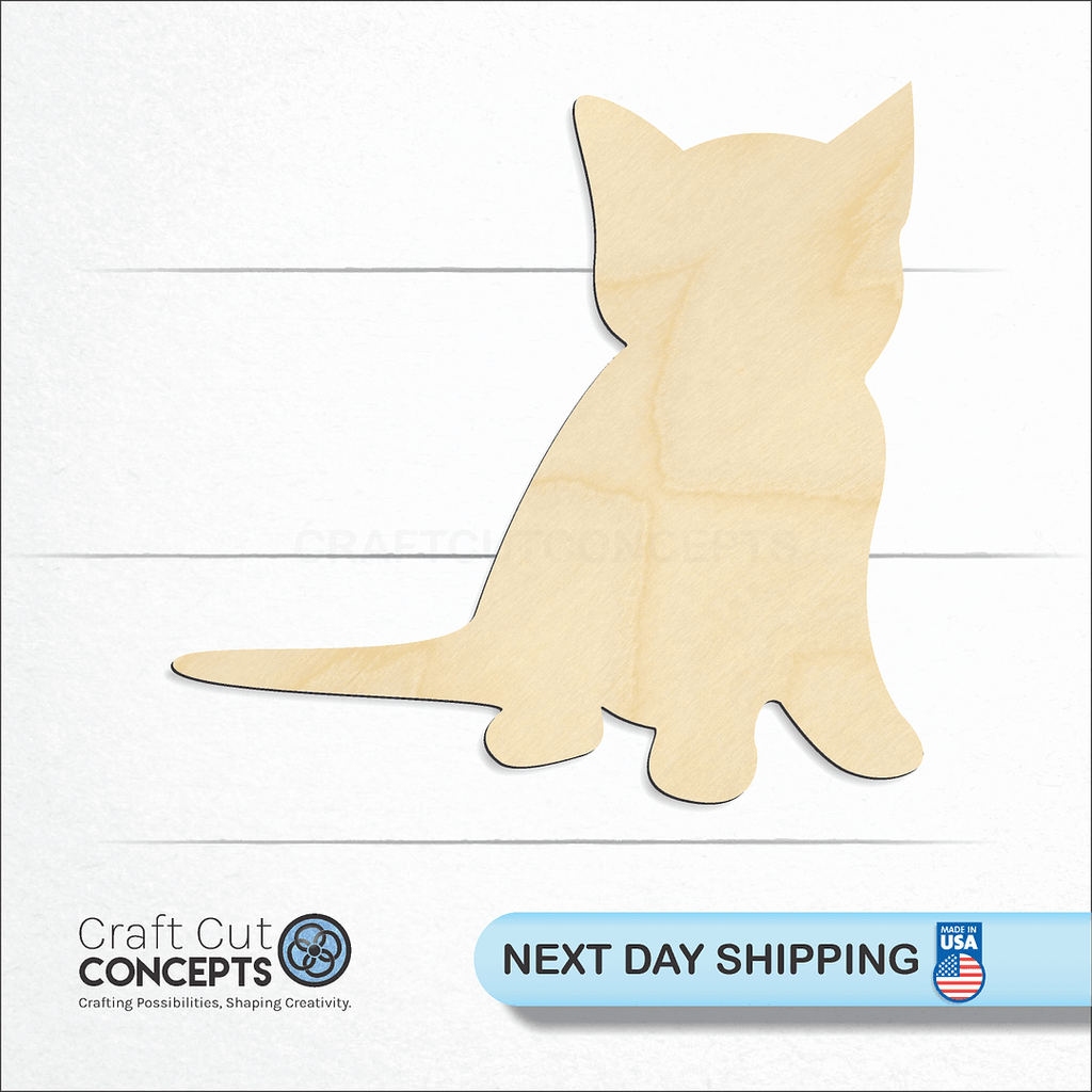 Craft Cut Concepts logo and next day shipping banner with an unfinished wood Cat Kitten-7 craft shape and blank