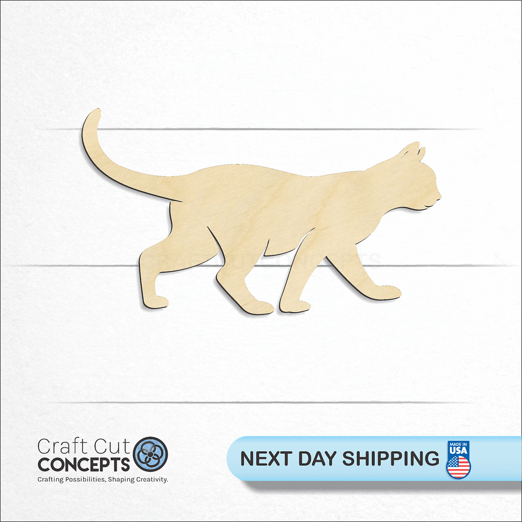 Craft Cut Concepts logo and next day shipping banner with an unfinished wood Cat craft shape and blank