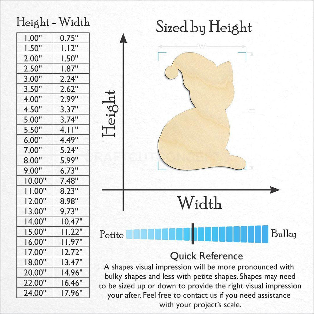 Sizes available for a laser cut Santa Cat craft blank