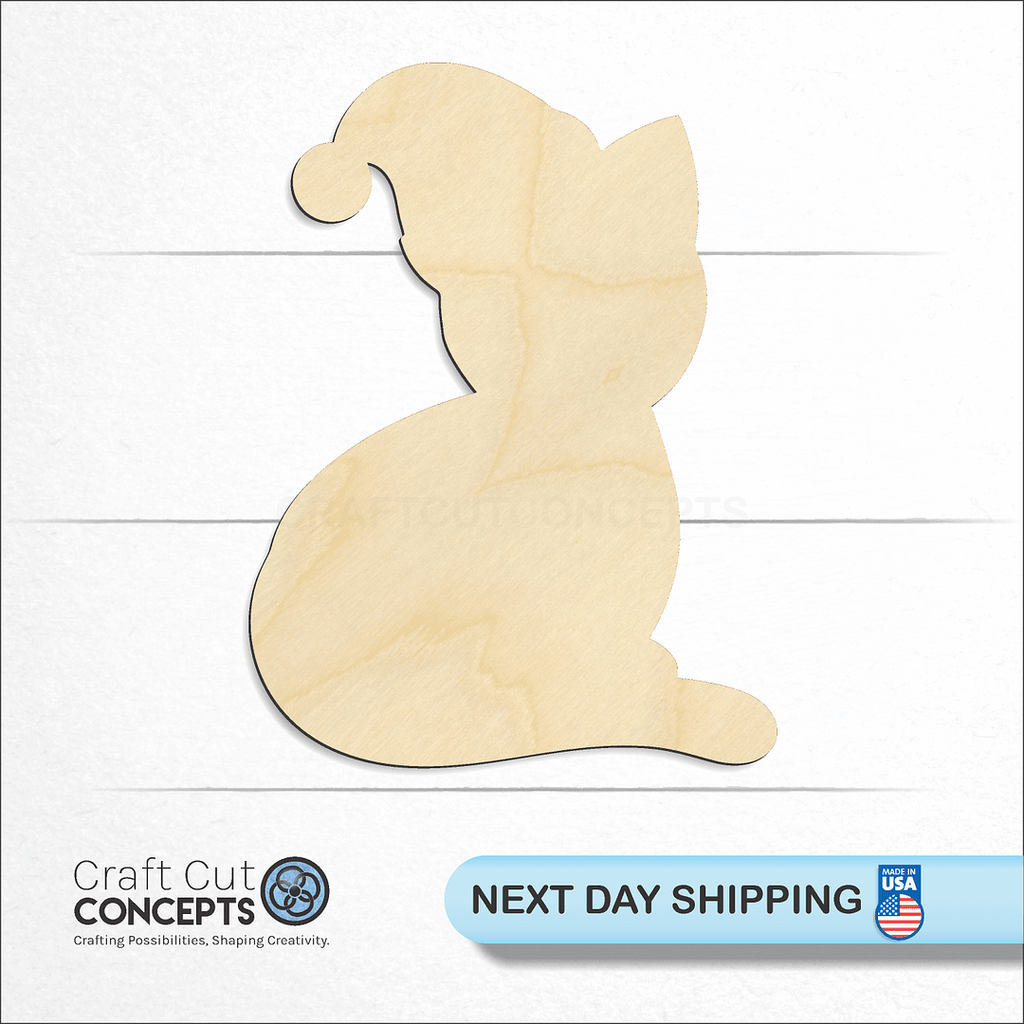 Craft Cut Concepts logo and next day shipping banner with an unfinished wood Santa Cat craft shape and blank