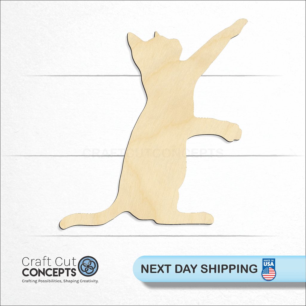 Craft Cut Concepts logo and next day shipping banner with an unfinished wood Playful Cat craft shape and blank