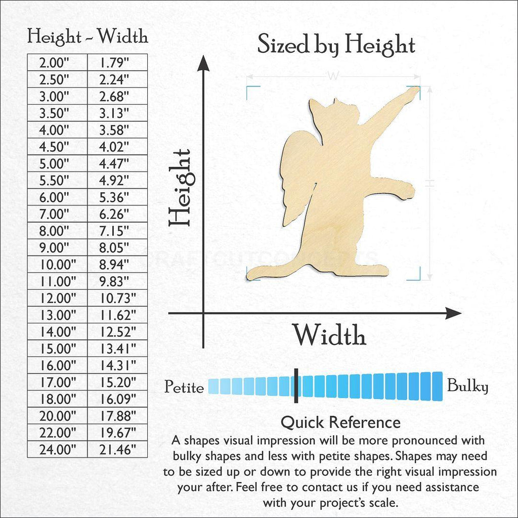 Sizes available for a laser cut Angel Wing Cat craft blank