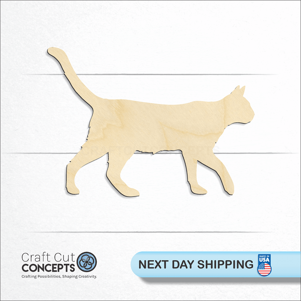 Craft Cut Concepts logo and next day shipping banner with an unfinished wood Cat craft shape and blank