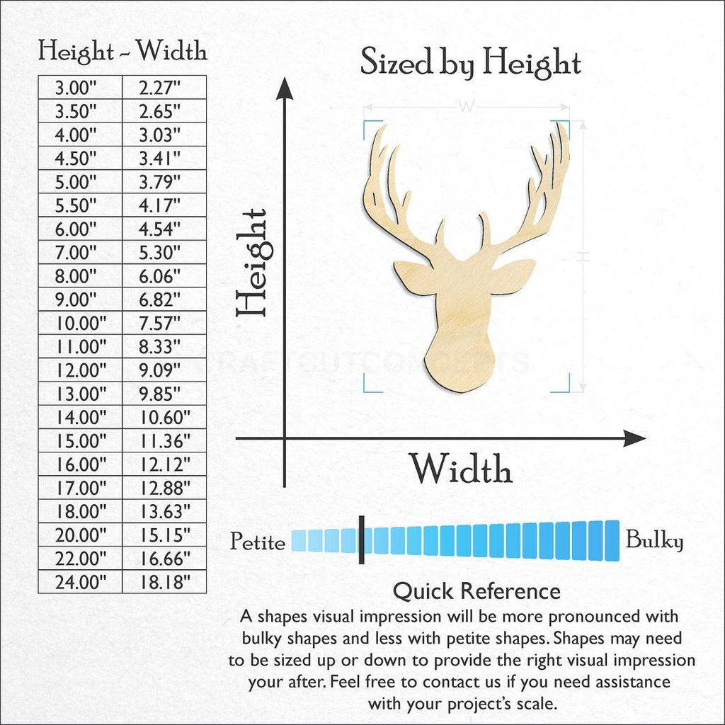 Sizes available for a laser cut Deer Head-03 craft blank