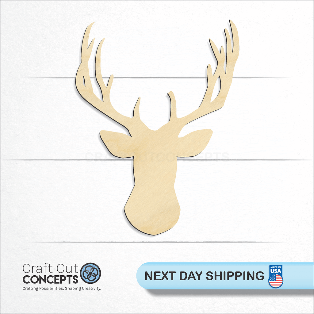 Craft Cut Concepts logo and next day shipping banner with an unfinished wood Deer Head-03 craft shape and blank