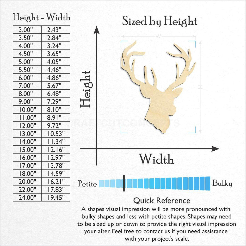 Sizes available for a laser cut Deer Head-04 craft blank