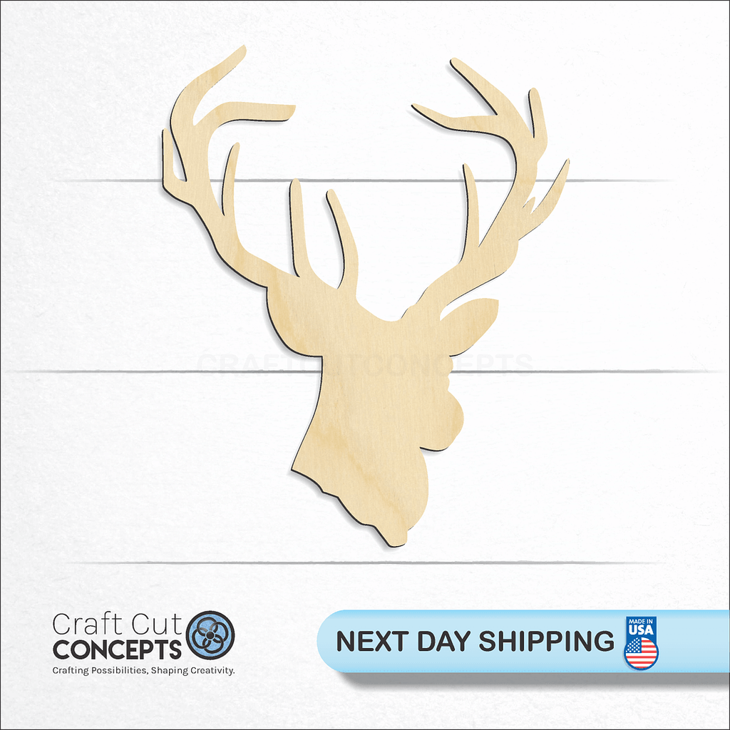 Craft Cut Concepts logo and next day shipping banner with an unfinished wood Deer Head-04 craft shape and blank