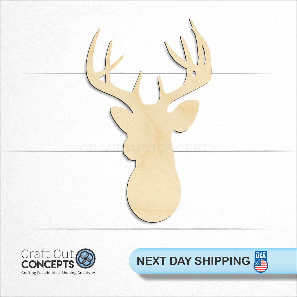 Craft Cut Concepts logo and next day shipping banner with an unfinished wood Deer Head-05 craft shape and blank