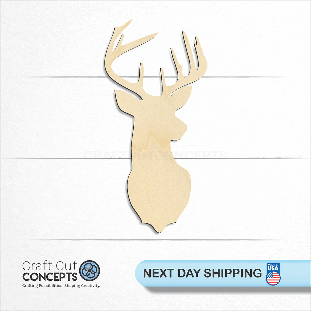 Craft Cut Concepts logo and next day shipping banner with an unfinished wood Deer Head-06 craft shape and blank